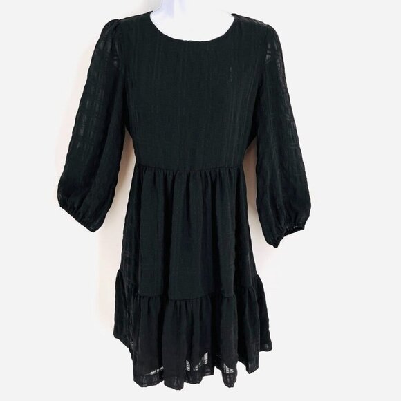 Madewell Puff-Sleeve Ruffle-Hem Mini Dress Size 00 Black Lined Woven Plaid - Picture 1 of 16